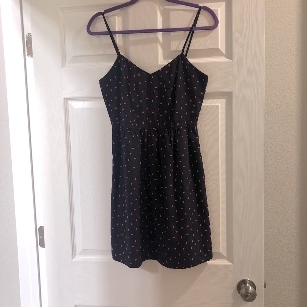J Crew navy dress with red polka dots